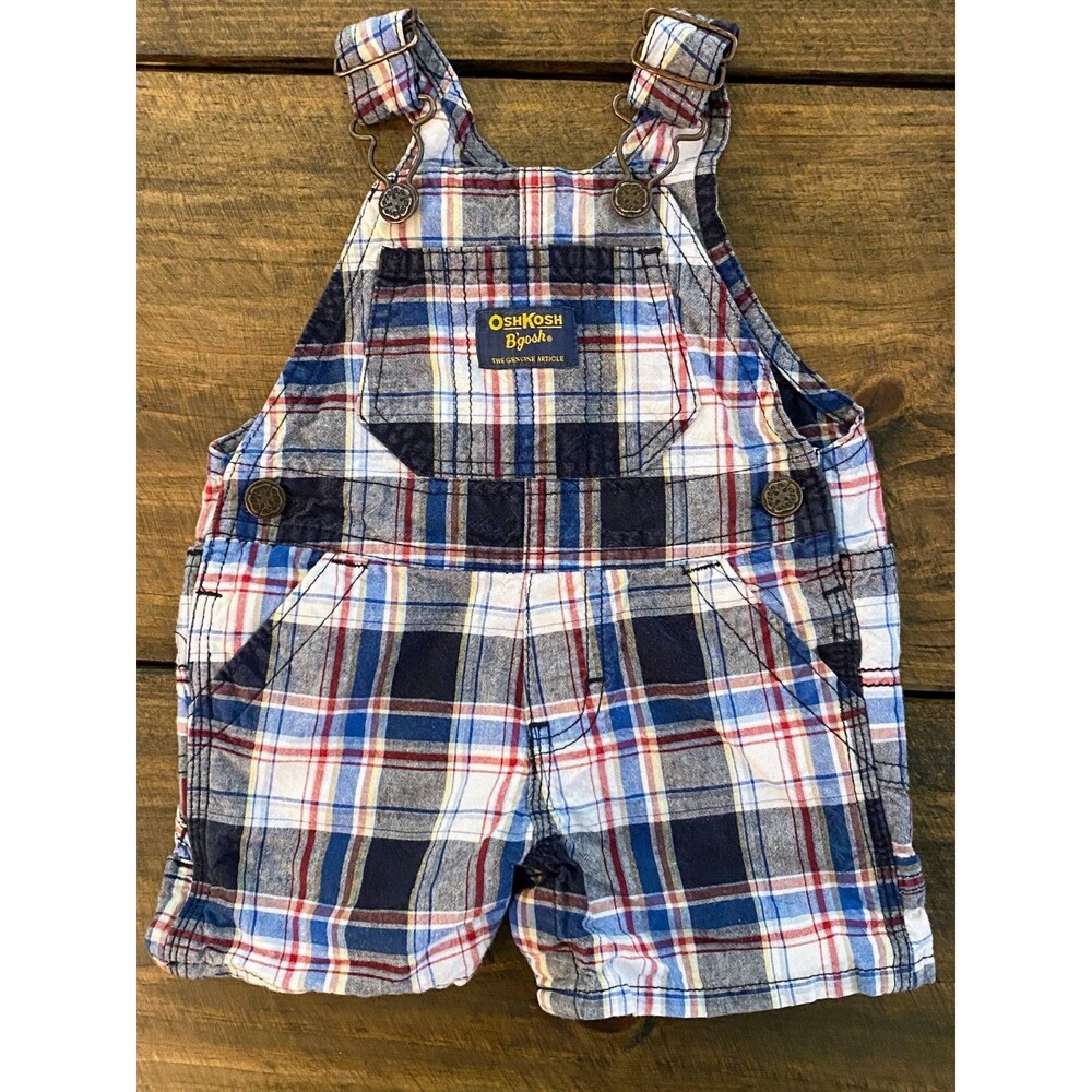 OshKosh B'gosh Plaid Vestbak Shortalls Bib Overalls Blue/Red/White Boys 6 Months